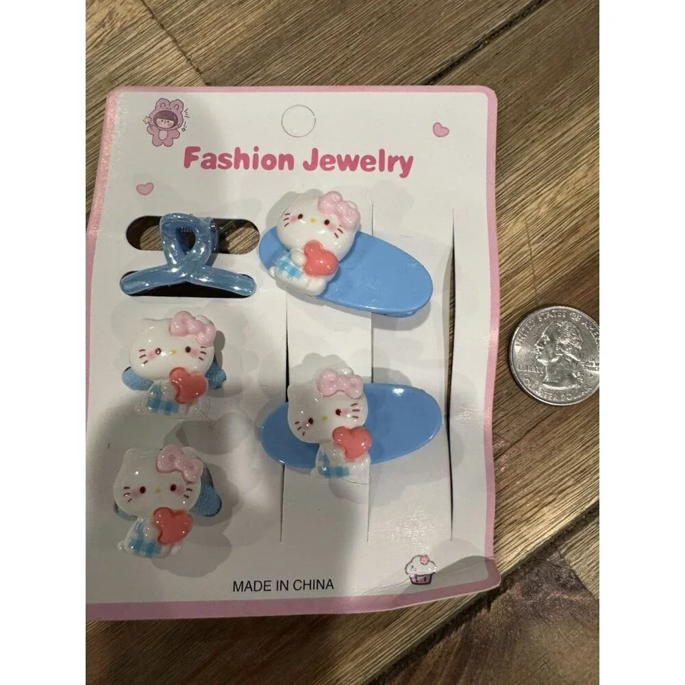 Hello Kitty Fashion Colorful Blue Pink Hearts Barrette Hair Clip for Girls 5 PC